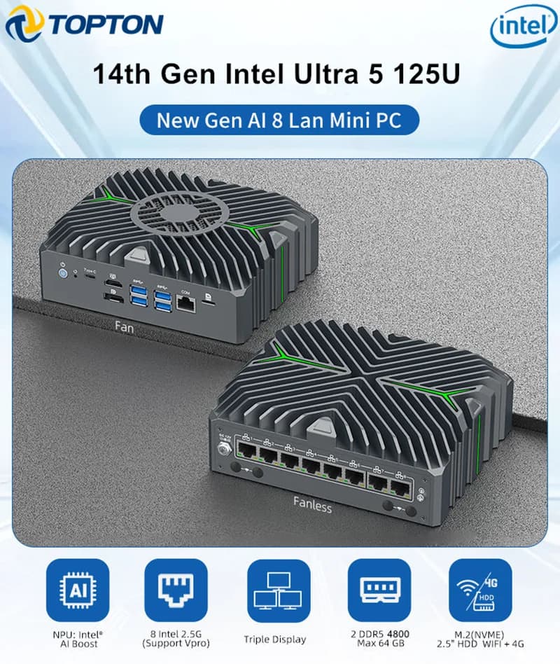 Topton 8x2.5G NIC Firewall Appliance 14th Gen Intel Ultra 5 125U VPro Industrial IoT Fanless Mini PC AI Edge Computer Pfsense