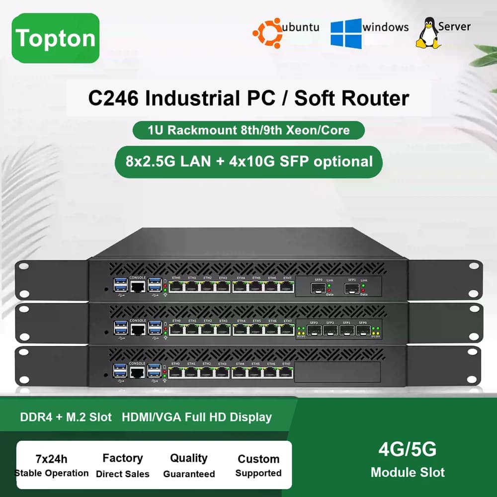 Topton 1U Rackmount Firewall Computer Intel C246 LGA1151 8th/9th Gen Xeon Core 8x2.5G LAN 4x 2x 10G SFP Gateway Network Server
