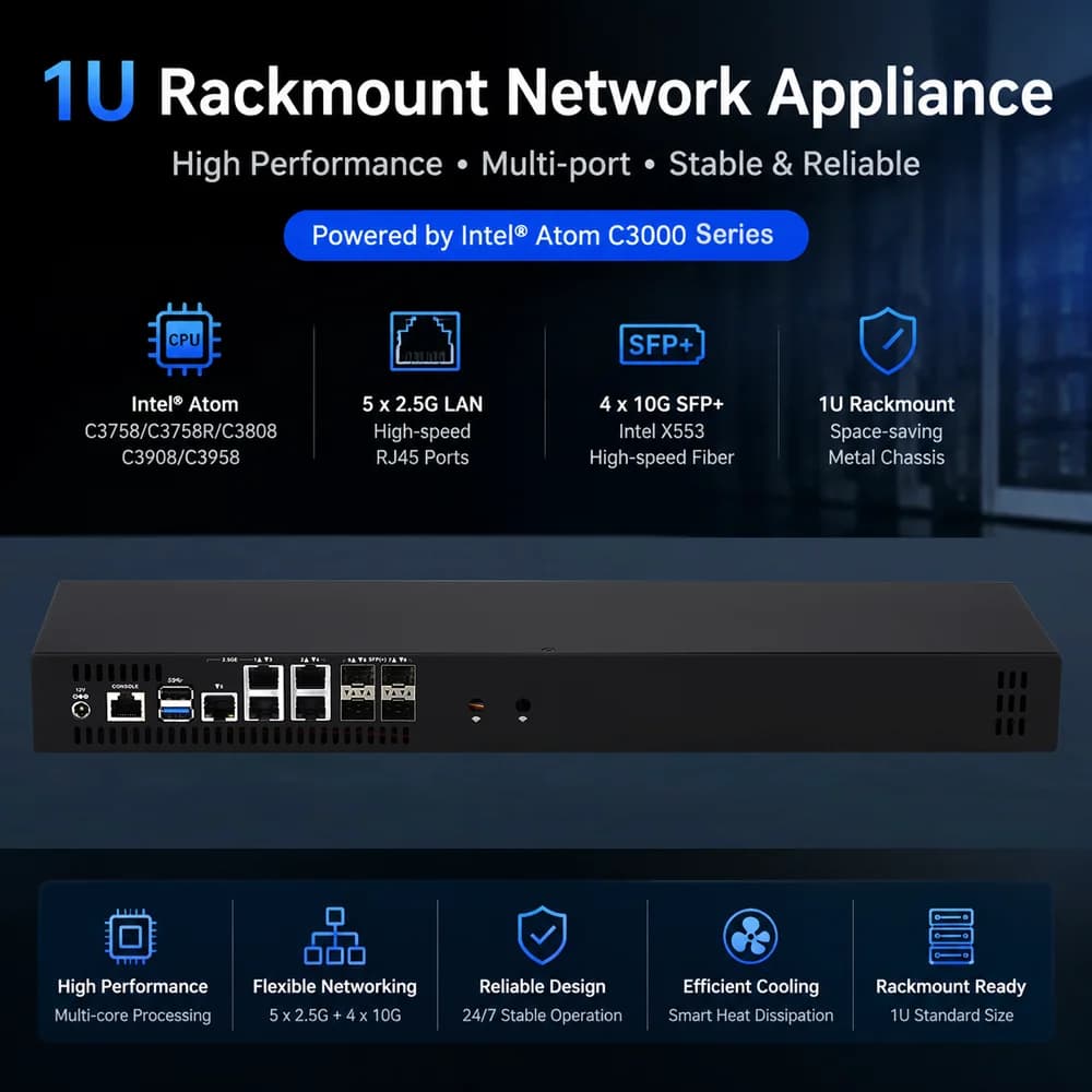 Qotom C3758R C3958 1U Rackable Server Atom Denverton 4*X553 10G SFP+ 5*2.5G LAN Barebone Firewall Router Network Mini PC