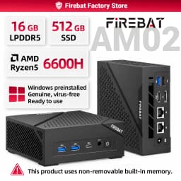 FIREBAT AM02 Mini PC AMD Ryzen 5 6600H CPU 6C/12T 16GB LPDDR5 RAM 512GB SSD Windows 11 Desktop WIFI6 BT5.2 Gaming Computer