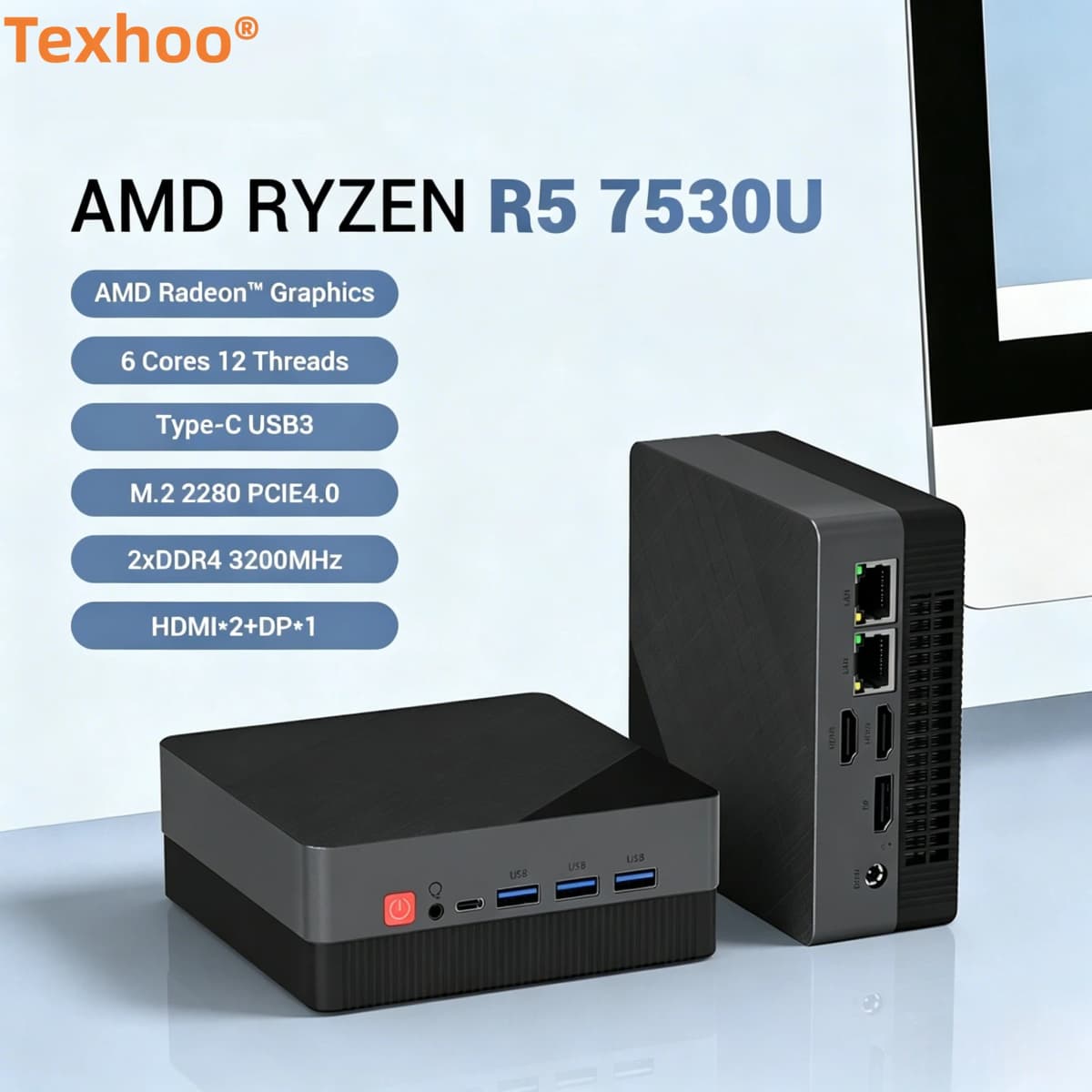 Texhoo MINI PC AMD Ryzen5 7530U 16G DDR4 2666MHz 512G M.2 SSD WIFI6 BT5.2 Dual LAN HDMI*2 4k@60HZ Display Desktop Mini Computers