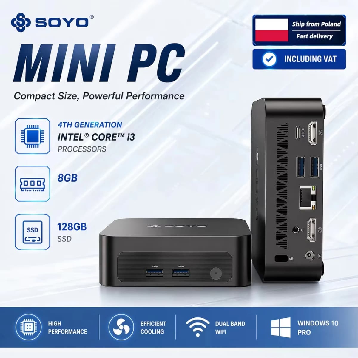 SOYO Y5 Mini PC Intel I3-4030U Processor 8GB RAM 128GB SSD Windows 10 PRO Bluetooth WIFI5 Supports 4K Display Mini Computer