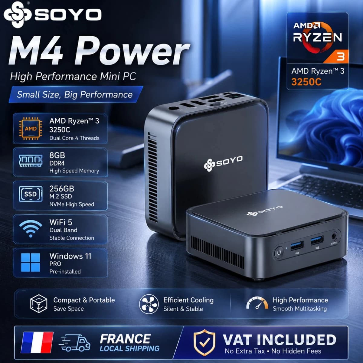 SOYO M4 Power Mini PC AMD Ryzen 3 3250C Processor 8GB DDR4 RAM 256GB M.2 SSD Window 11 PRO WiFi5+BT5.2 High Performance Micro Home Office Computer