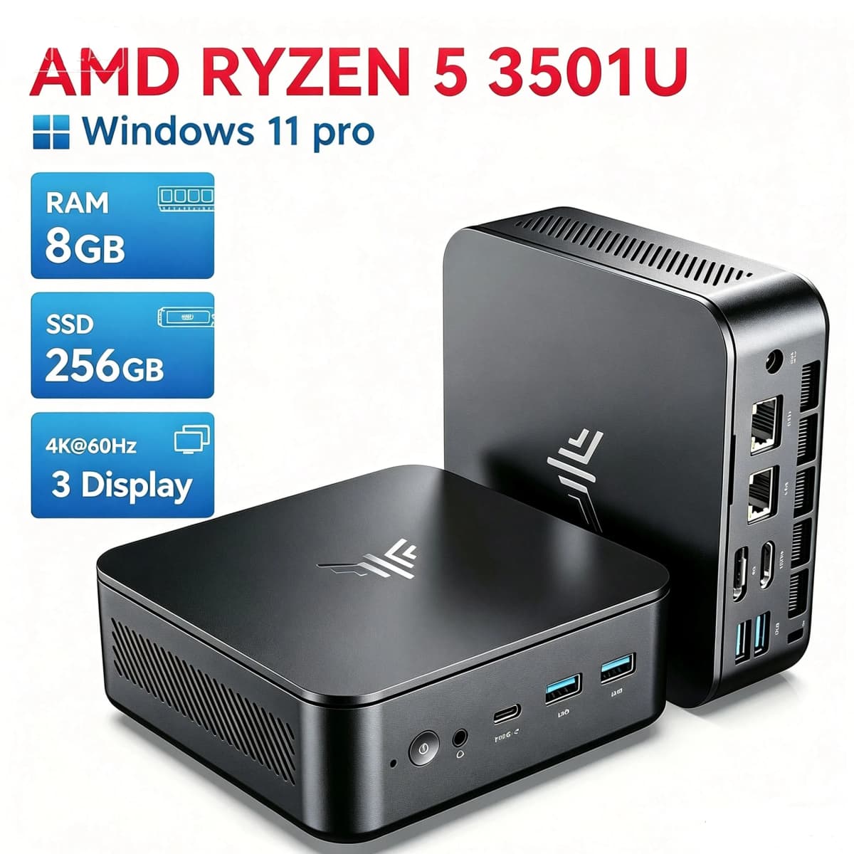 NIPOGI Mini PC AMD Ryzen 5 3501U 4C 8T 3.7GHz DDR4 8GB 256GB Triple Display Win 11 Pro WiFi5 BT4.2 For Home/Office/Busines