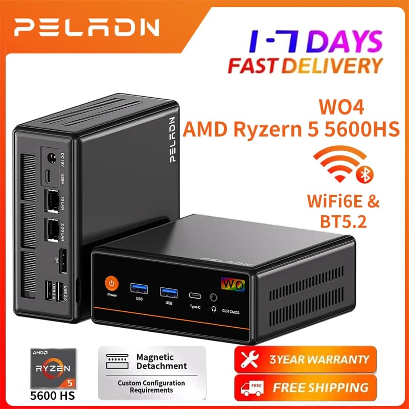 PELADN Mini PC AMD Ryzen 5 5600H (6C/12T, up to 4.2GHz), WiFi 6/ BT5.2 Micro PC for Gaming 3-Year Warranty & Office Barebone