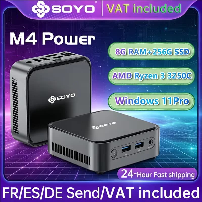 SOYO Mini PC M4 Power AMD Ryzen 3 3250C 8GB DDR4 256GB M.2 SSD Windows 11 Pro Mini Desktop Computer HDMI DP Dual Display RJ45 LAN USB3.0 WiFi BT Mini Host for Home Office Business Daily Working Computer Game