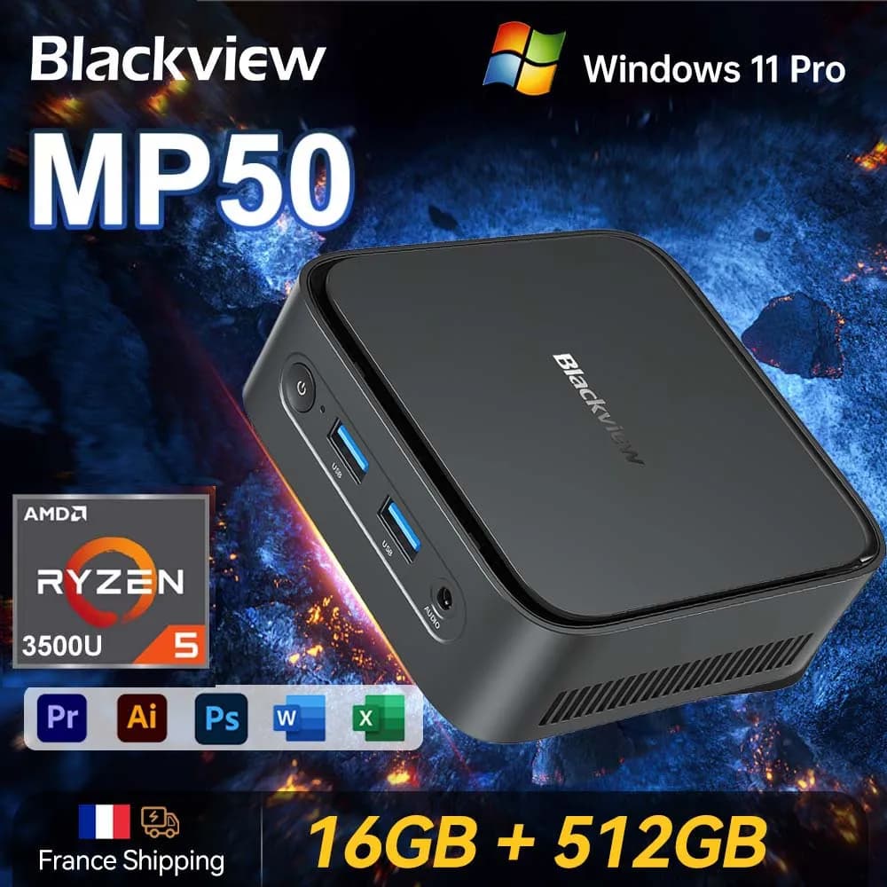 [Shipping from France] Blackview Mp50 Mini Pc Amd Ryzen 5 3500U Windows 11 Pro 16Gb Ddr4 512Gb Ssd Mini Computer Wifi 5.0