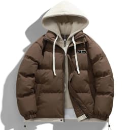 Winter New Men's Fashion Fake Two-piece Warm Fleece Loose Zipper Hooded Cotton Coat Cotton Jacket Daily Outdoor Casual