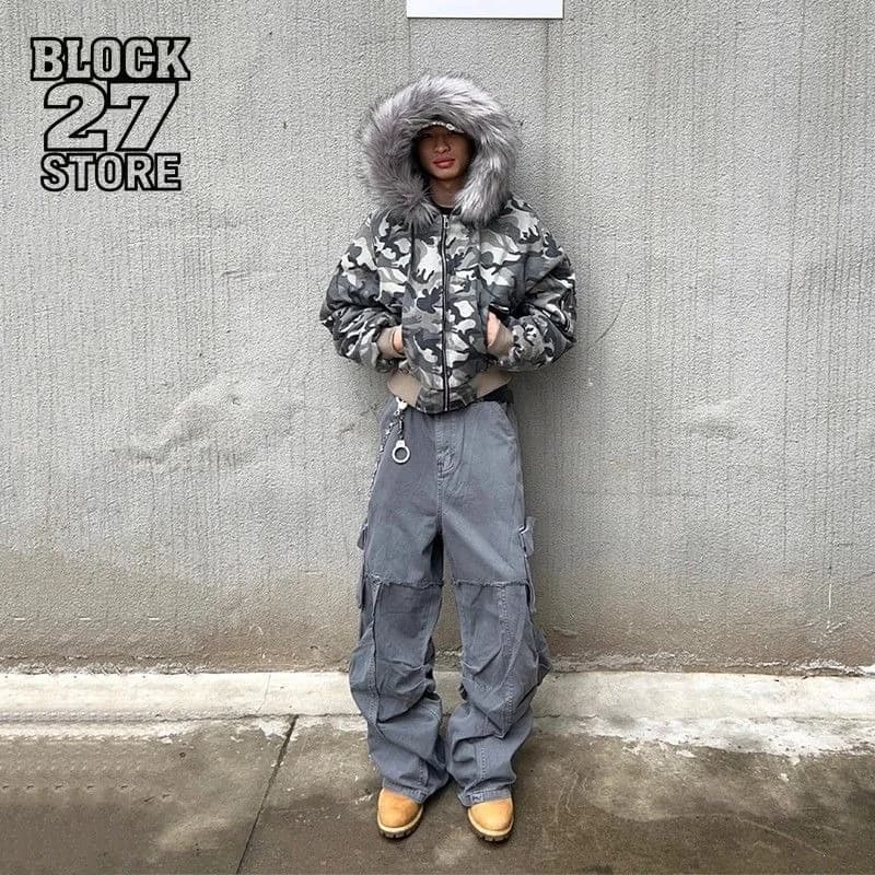 Mens Jacket Washed Camouflage Raglan Sleeve Hooded Fur Collar Bomber Cotton Coat Winter Thick Warm Streetwear Harajuku Fashion