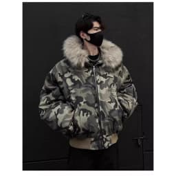 Mens Jacket Washed Camouflage Raglan Sleeve Hooded Fur Collar Bomber Cotton Coat Winter Thick Warm Streetwear Harajuku Fashion