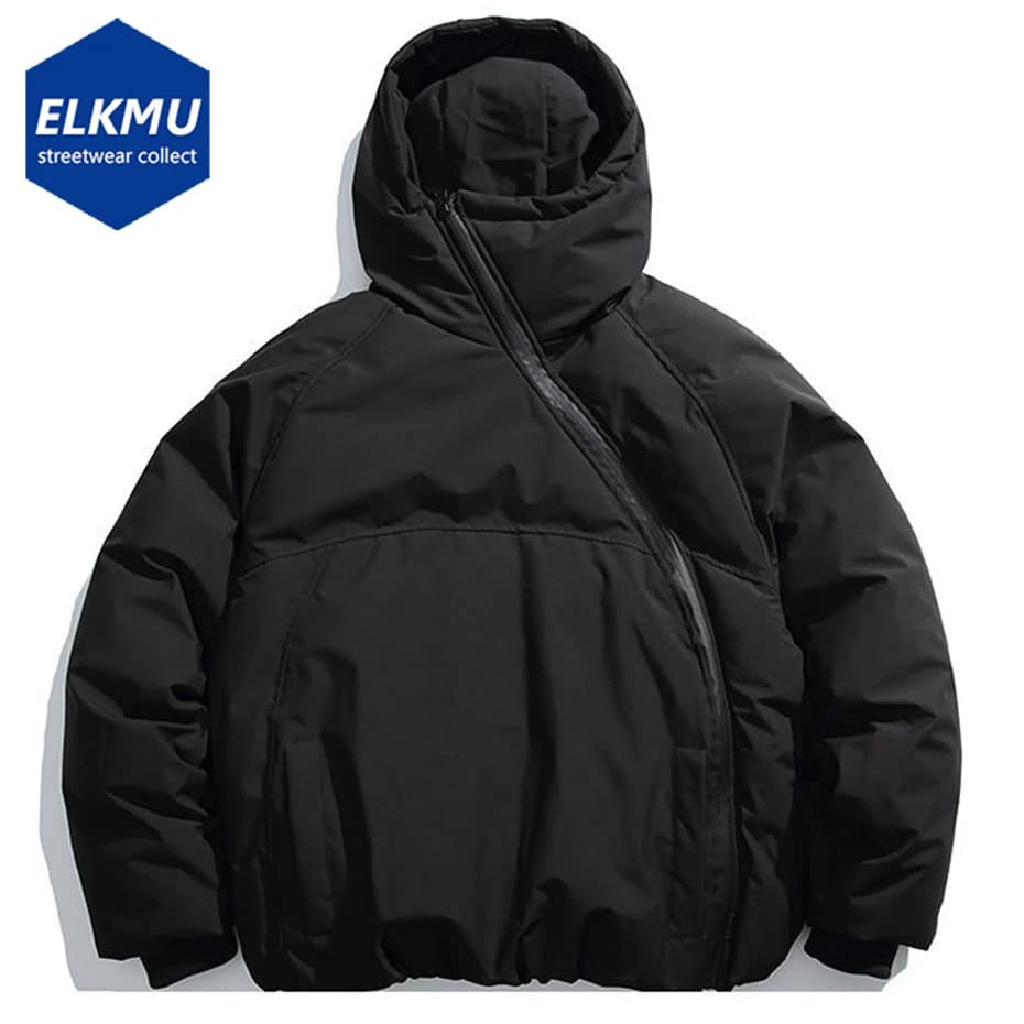 Winter Men Jackets Diagonal Zipper Hooded Parkas Thicken Warm Coat Black Loose Casual Padded Jacket Outwear for Male 2025