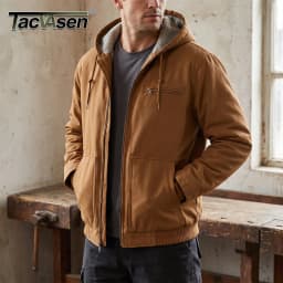 TACVASEN Men's Hooded Work Sherpa Insulated Jacket Winter Fleece Lined Duck Heavy Duty Canva Cotton Coat with Hoodie Waterproof