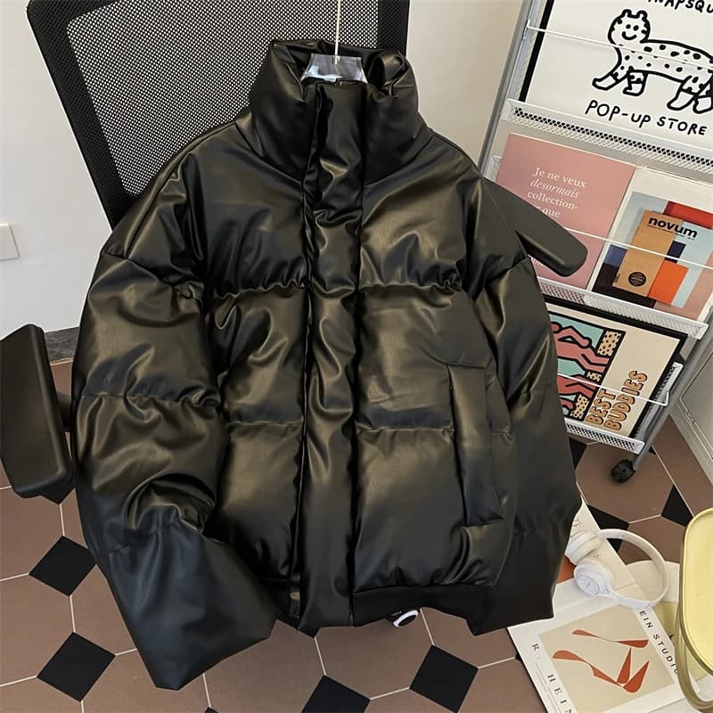 Men's Winter Thickened PU Leather Cotton Jacket Loose Fit Stand Collar Warm Outerwear Cleanfit American Retro Style Coat