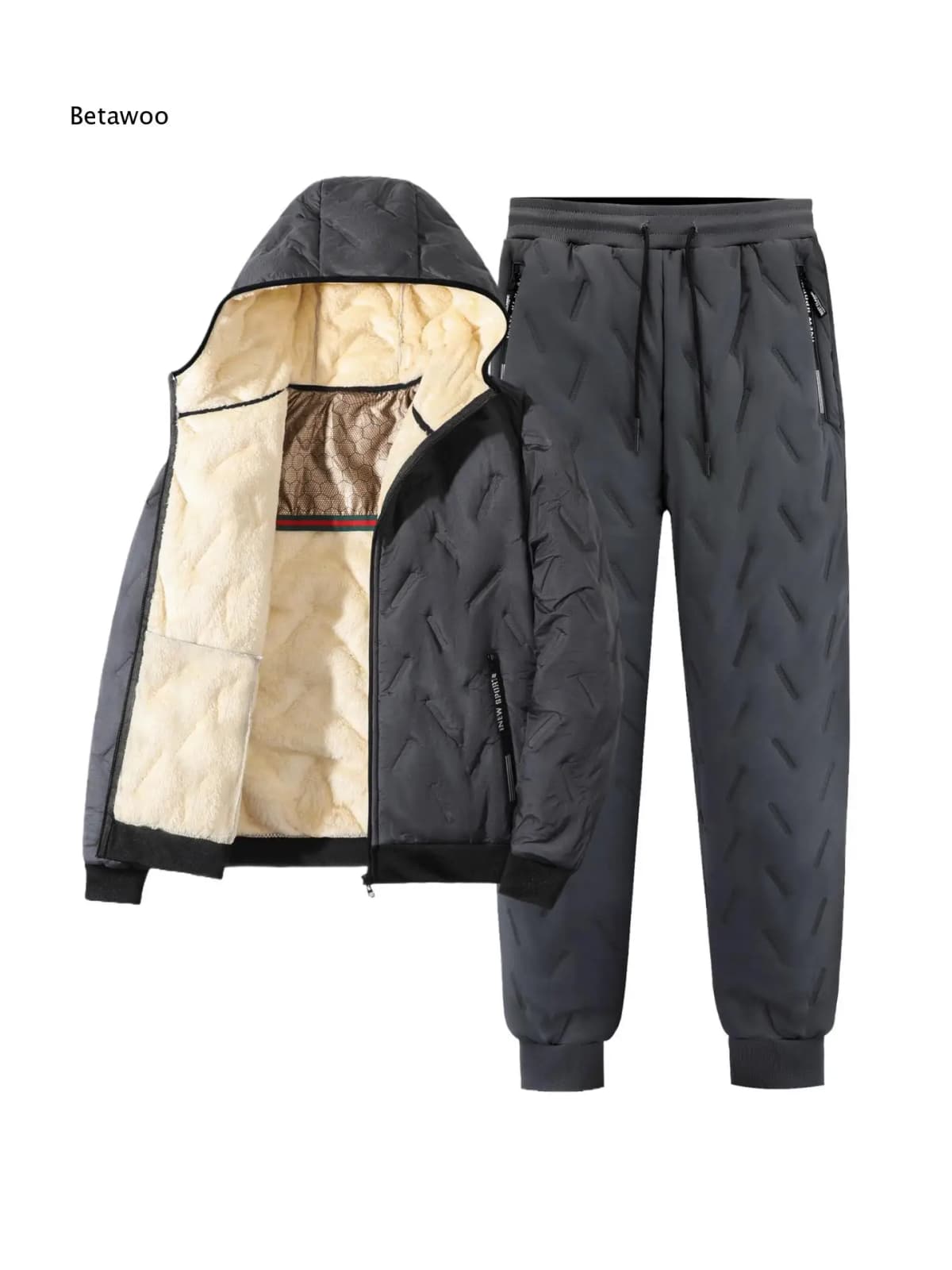 Quilted Thick Fleece Lined Men Winter Two Piece Suit Hooded Zip Outerwear And Jogger Pants With Functional Zipper Pockets