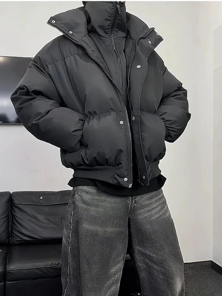 Couple's Short Thickened Cotton Jacket Stand Collar Bread Style Korean Version Warm Trendy Loose Fit Polyester Zipper ...