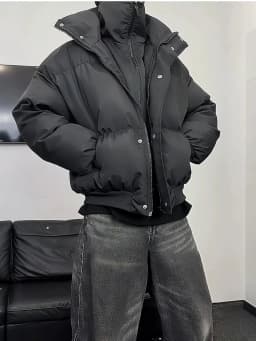 Couple's Short Thickened Cotton Jacket Stand Collar Bread Style Korean Version Warm Trendy Loose Fit Polyester Zipper ...