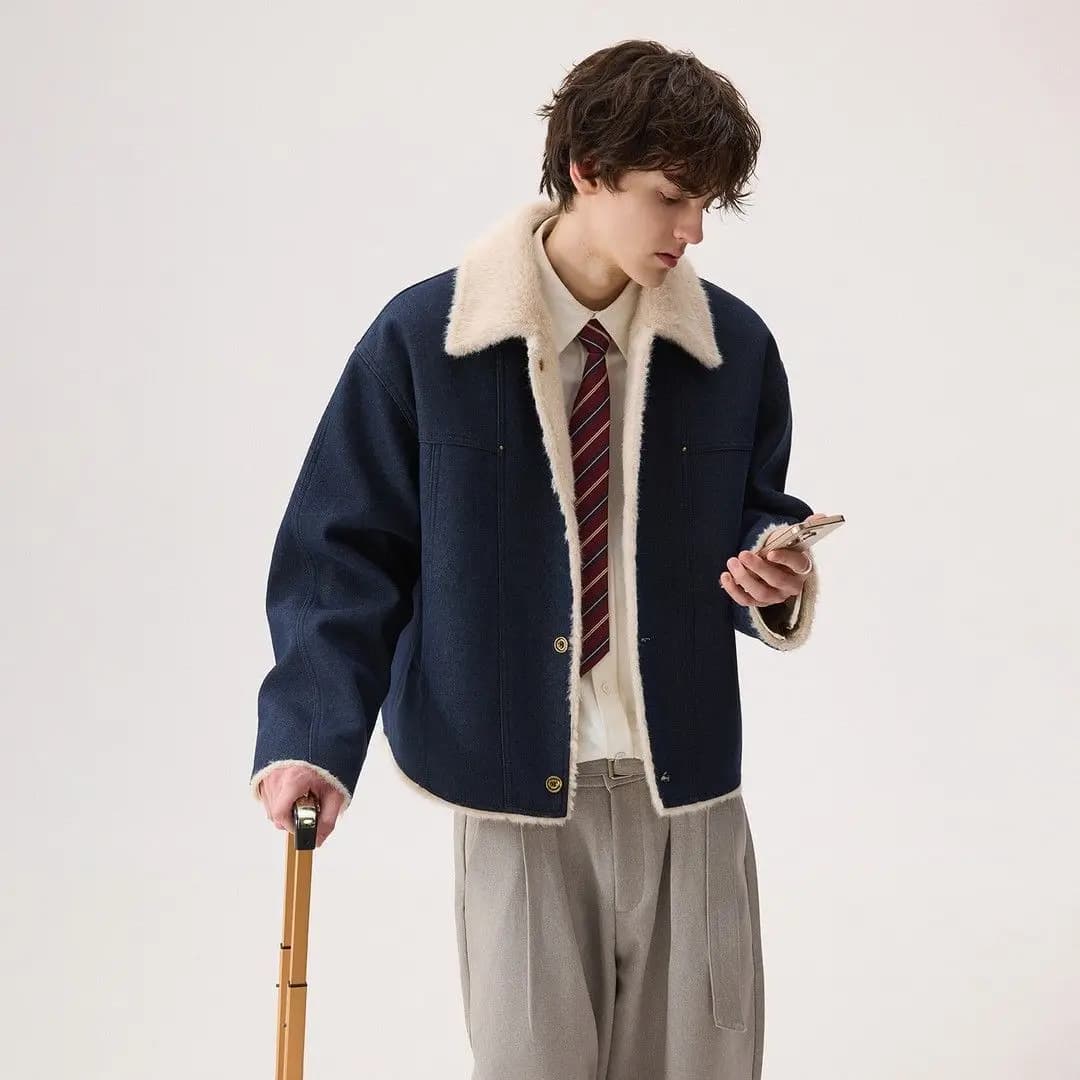 2026 New Solid Color Warm Jackets Men Winter Lapel Fur Collar Loose Coats Male Long Sleeve Cotton-padded Overcoats C915