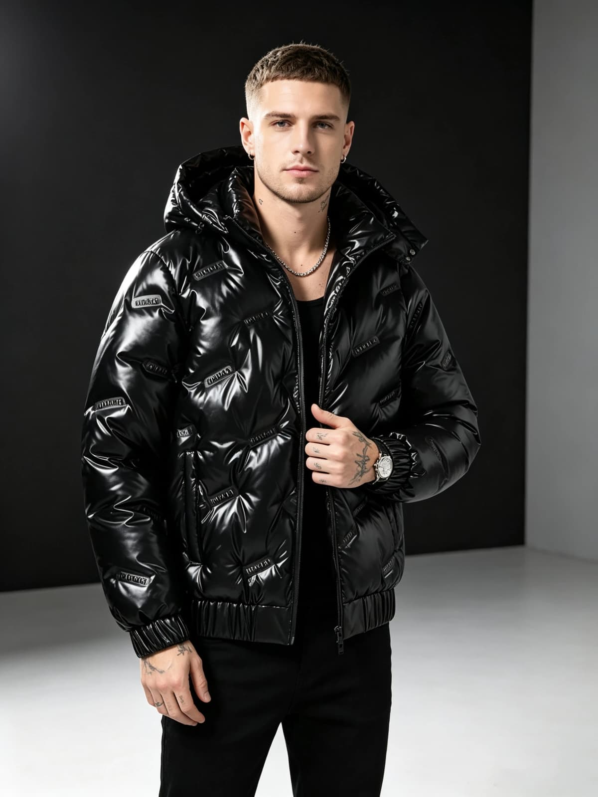 Men's Shiny Black Hooded Puffer Jacket Embossed Logo Warm Winter Coat Elastic Rib Hem Casual Outerwear