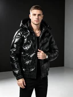 Men's Shiny Black Hooded Puffer Jacket Embossed Logo Warm Winter Coat Elastic Rib Hem Casual Outerwear