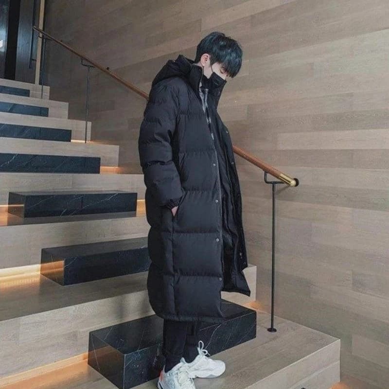 Men's Long Length Hooded Down Jacket Korean Style Slim Fit Winter Coat for Students Thick Padded and Warm