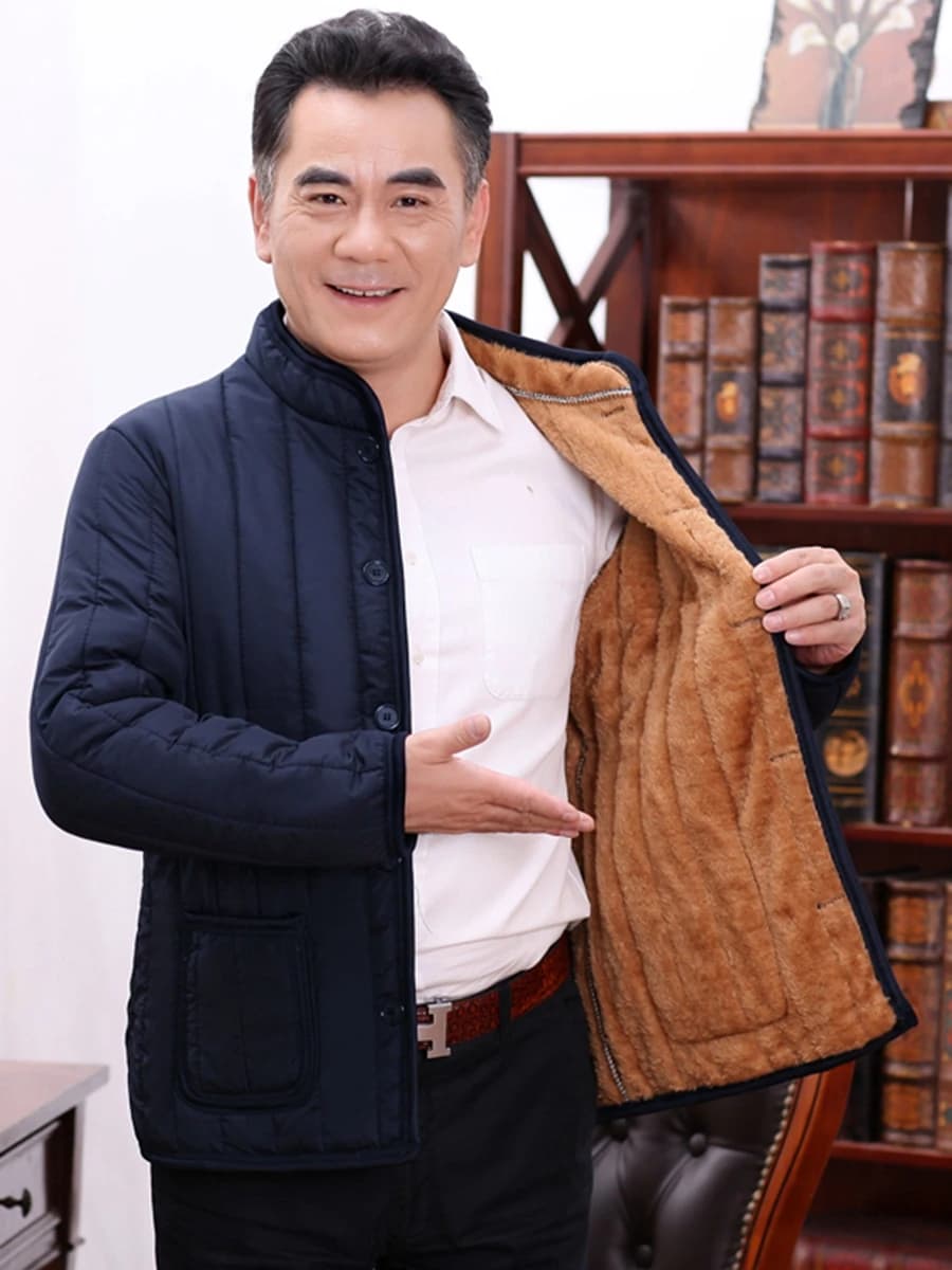 Men's Thickened Fleece Lined Cotton Jacket Winter Outerwear for Middle-Aged And Elderly Casual Fashionable Warm And Windproof