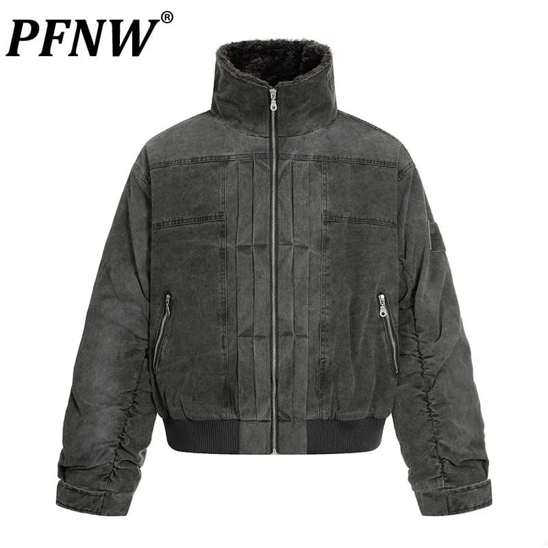 PFNW American Retro Washed Padded Jacket Men's Loose Long Sleeve Faux Fur Collar Zipper Winter Streetwear Coat Tide 12E1091