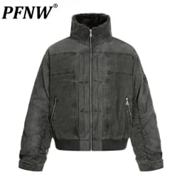 PFNW American Retro Washed Padded Jacket Men's Loose Long Sleeve Faux Fur Collar Zipper Winter Streetwear Coat Tide 12E1091