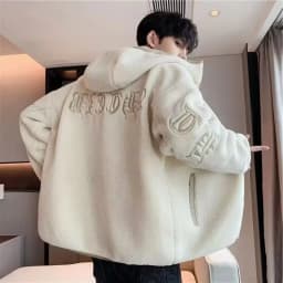 Lamb Velvet Hooded Jacket Men's Thickened Fleece Casual Style Zipper Closure Loose Fit Youthful Popular Autumn Winter Coat