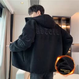 Lamb Velvet Hooded Jacket Men's Thickened Fleece Casual Style Zipper Closure Loose Fit Youthful Popular Autumn Winter Coat