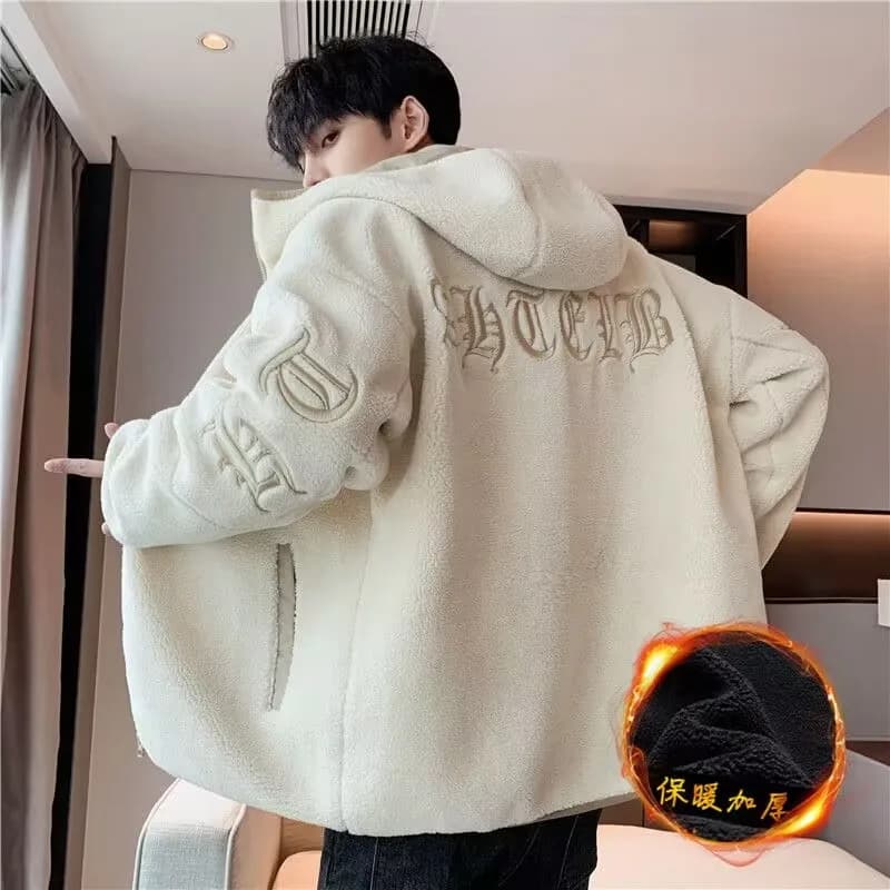 Lamb Velvet Hooded Jacket Men's Thickened Fleece Casual Style Zipper Closure Loose Fit Youthful Popular Autumn Winter Coat