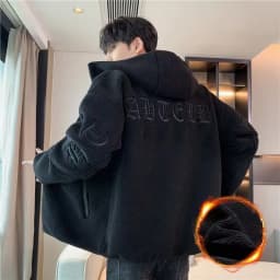 Lamb Velvet Hooded Jacket Men's Thickened Fleece Casual Style Zipper Closure Loose Fit Youthful Popular Autumn Winter Coat
