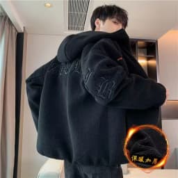 Lamb Velvet Hooded Jacket Men's Thickened Fleece Casual Style Zipper Closure Loose Fit Youthful Popular Autumn Winter Coat