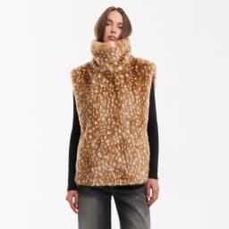 LIMO Ladies Sleeveless Faux Fur Gilet Turtleneck Spotted Print Casual Loose Fashion Plush Waistcoat