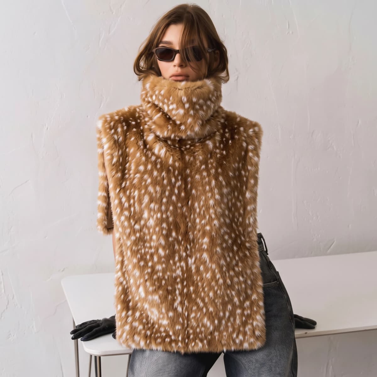 LIMO Ladies Sleeveless Faux Fur Gilet Turtleneck Spotted Print Casual Loose Fashion Plush Waistcoat