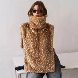 LIMO Ladies Sleeveless Faux Fur Gilet Turtleneck Spotted Print Casual Loose Fashion Plush Waistcoat