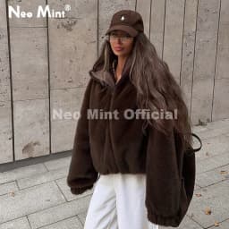 Neo Mint Hot Street Fashion Girls Luxury Fuzzy Mink Fur Bomber Jacket Women Winter Oversized Chunky Faux Fur Coat Warm Outerwear