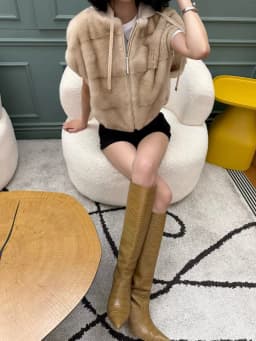 Faux Mink Fur Women Coat Removable Hoode Zipper Up Short Sleeves Winter Fall Faux Fur Jacket