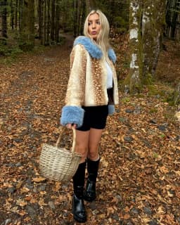 Deer Print Faux Fur Cropped Jacket Women Blue Contrast Lapel Cuff Button Up Fluffy Warm Coat Winter Casual Street Outwear 2026