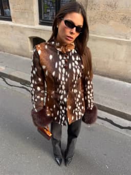 Deer Print Faux Fur Cropped Jacket Women Blue Contrast Lapel Cuff Button Up Fluffy Warm Coat Winter Casual Street Outwear 2026