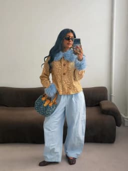 Deer Print Faux Fur Cropped Jacket Women Blue Contrast Lapel Cuff Button Up Fluffy Warm Coat Winter Casual Street Outwear 2026