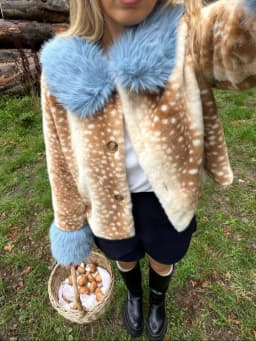 Deer Print Faux Fur Cropped Jacket Women Blue Contrast Lapel Cuff Button Up Fluffy Warm Coat Winter Casual Street Outwear 2026