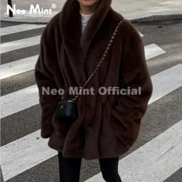 Neo Mint Trendy 2026 Winter Women Brand Faux Mink Fur Peplum Jacket Chic Street Fashion Girls Warm Drawstring Waist Eco Fur Coat