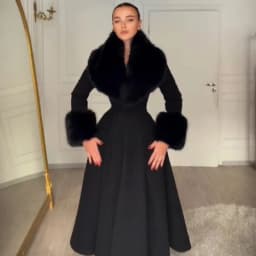 Women Elegant Long Wool Blend Coat Faux Fur Big Collar Cuff Cinched Waist Flare A‑line Maxi Coat Retro Party Outerwear Overcoat