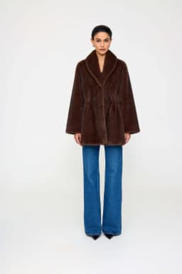Laur 2026 Shawl Collar Faux Fur Coat Drawstring Waist Mid Length Warm Winter Ladies Plush Fluffy Outerwear
