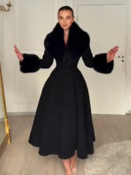 Women Long Wool Blend Faux Collar Overcoat Fur Trim Cuffs A Line Flared Maxi Hem Single Breasted Coat Elegant Ladies Outerwear