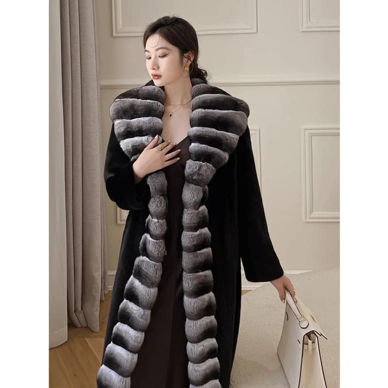 Women's velvet mink coat long winter warm trench shawl fur coat whole mink