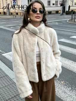 AACHOAE Women Faux Fur Jacket Winter Coat Stand Collar Long Sleeve Snap Button Warm Loose Casual Elegant Outerwear