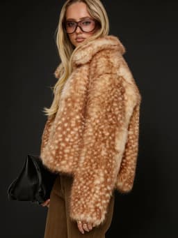 DEAT Fashion Wide Lapel Deer‑spot Print Faux Fur Women's Long Sleeve Zipper Cropped Thick Coats Autumn New 7A6055