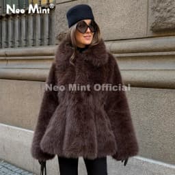 Neo Mint Trendy 2026 Winter Hot Chocolate Brown Peplum Fur Jacket Women Vintage Fashion Fluffy Faux Fox Fur Coat Long Outerwear