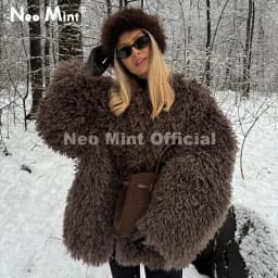 Neo Mint Winter 2026 Hot Chocolate Fluffy Chunky Sheep Fur Coat Women Oversized Overcoat Outerwear Ins Street Fashion Fur Jacket